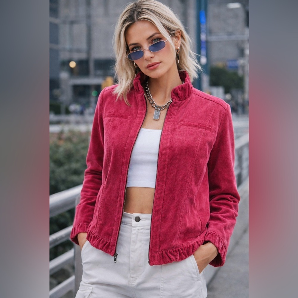 Chico’s Pink Corduroy Jacket Floral Embossed Artsy Quiet Luxury Size 0 Small - Picture 1 of 10